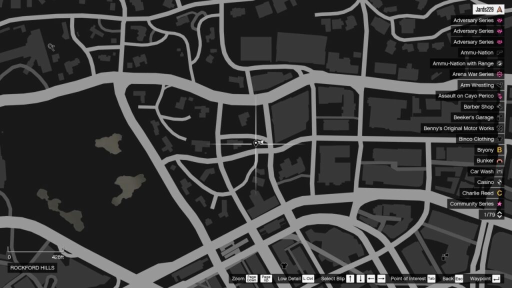 The map in GTA Online featuring the Peyote Plant's location in Rockford Hills.