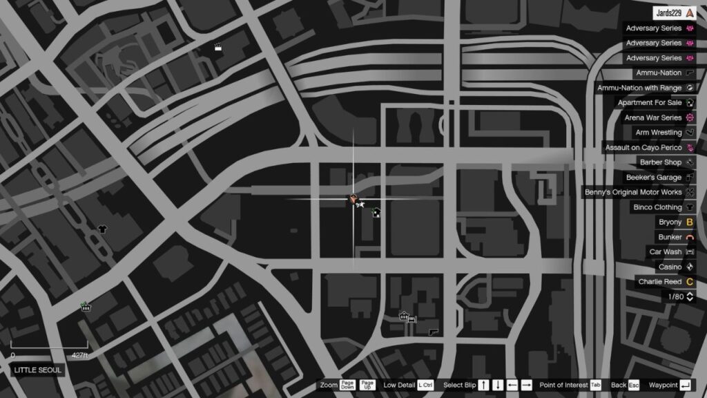 The map in GTA Online featuring the Peyote Plant's location in Little Seoul.