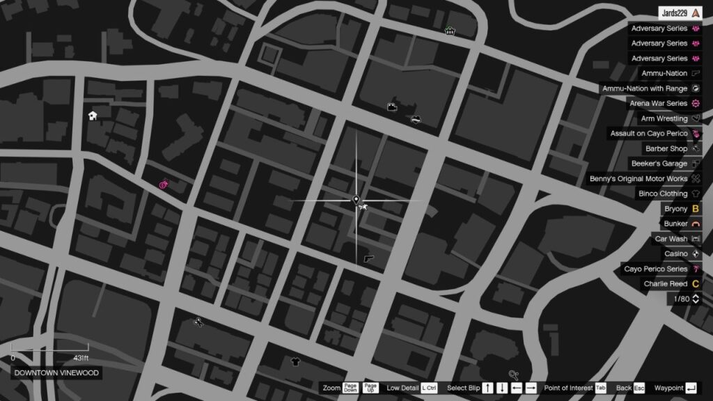 The map in GTA Online featuring the Peyote Plant's location in Downtown Vinewood.