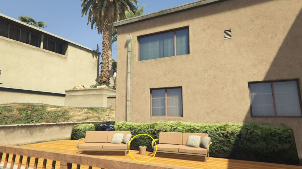 The Peyote Plant in a garden pot next to two sofas at a luxurious-looking orange mansion in Downtown Vinewood.