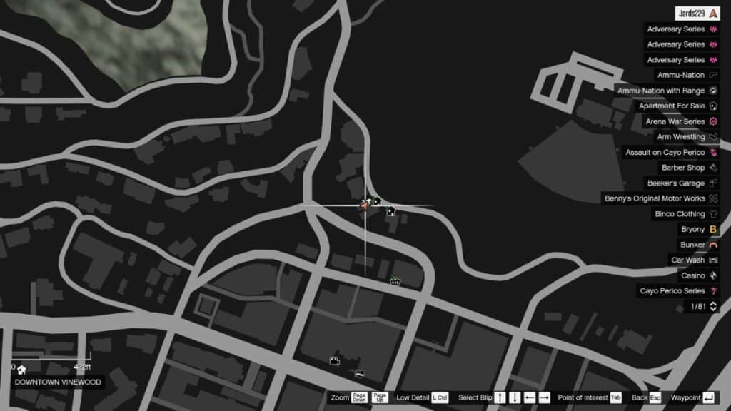 Die Karte in GTA Online mit dem Standort der Peyote Plant in der Innenstadt von Vinewood.