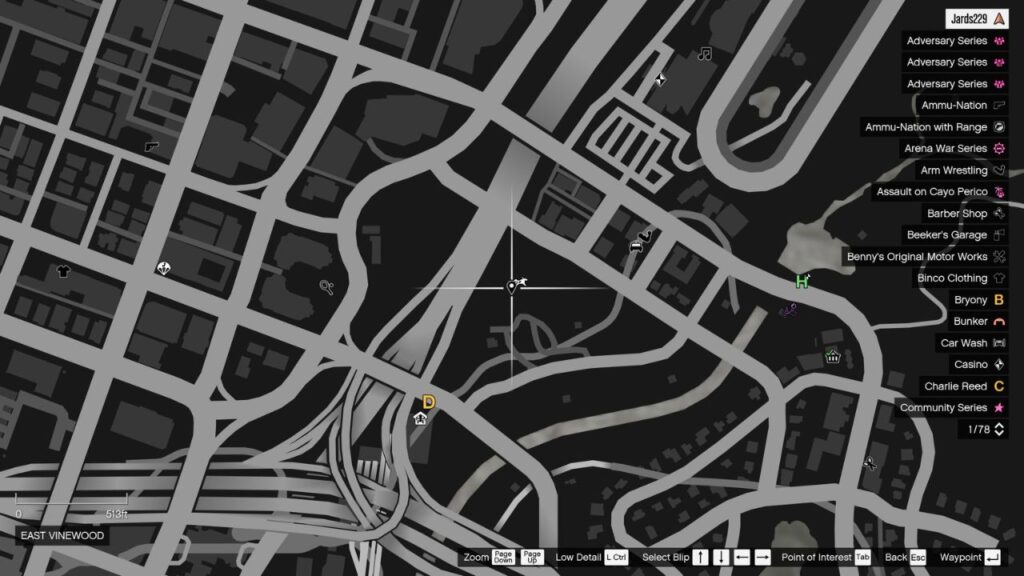 The map in GTA Online featuring the Peyote Plant's location in East Vinewood.