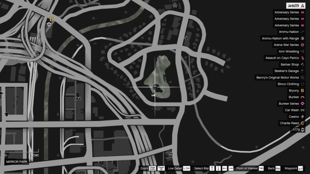 The map in GTA Online featuring the Peyote Plant's location in Mirror Park.
