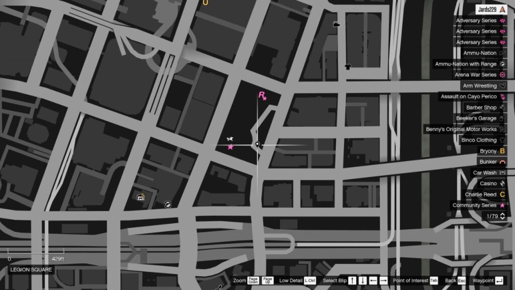 Die Karte in GTA Online mit dem Standort der Peyote Plant auf dem Legion Square.