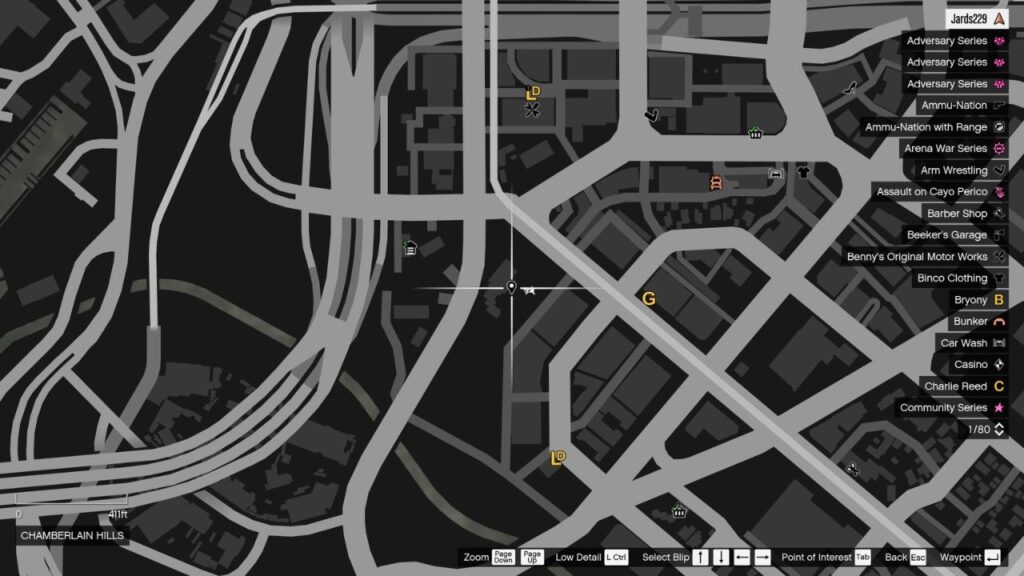 Die Karte in GTA Online mit dem Standort der Peyote Plant in Chamberlain Hills.