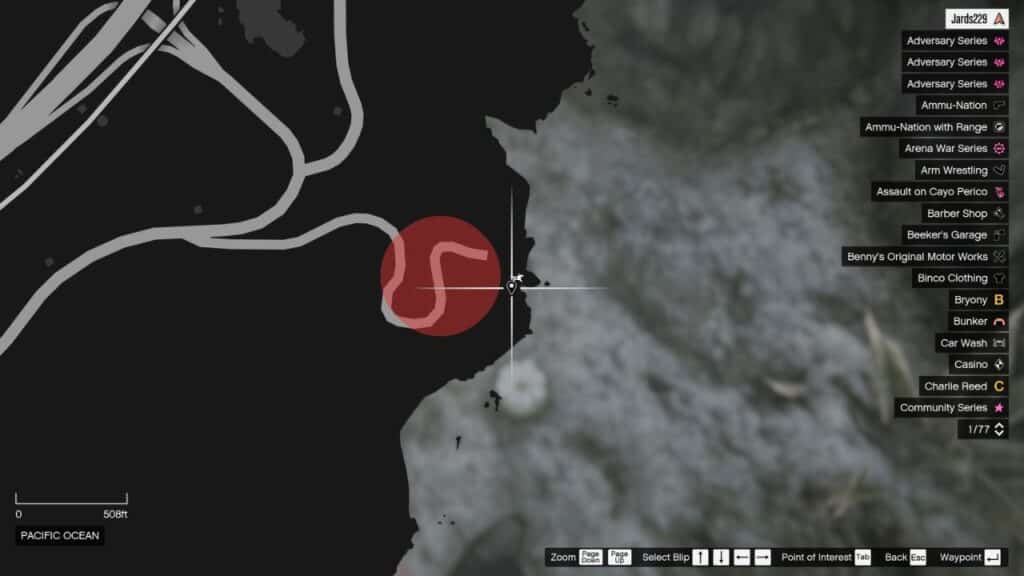 The map in GTA Online featuring the Peyote Plant's location in Palomino Highlands.