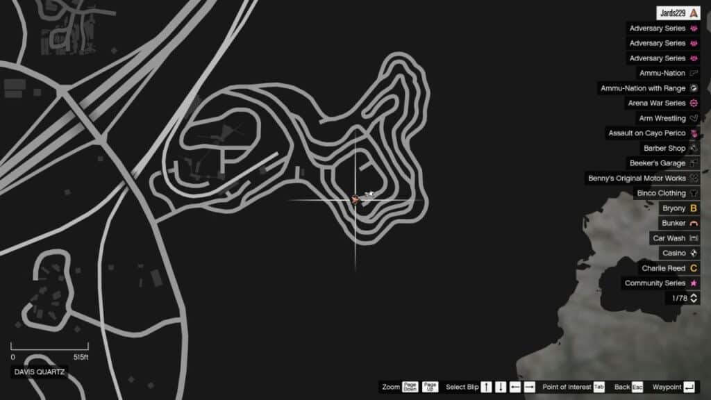 The map in GTA Online featuring the Peyote Plant's location in Davis Quartz.