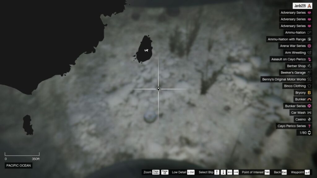 Die Karte in GTA Online, die den Standort der Peyote-Pflanze auf den Unterwasser-Palomino-Inseln zeigt.