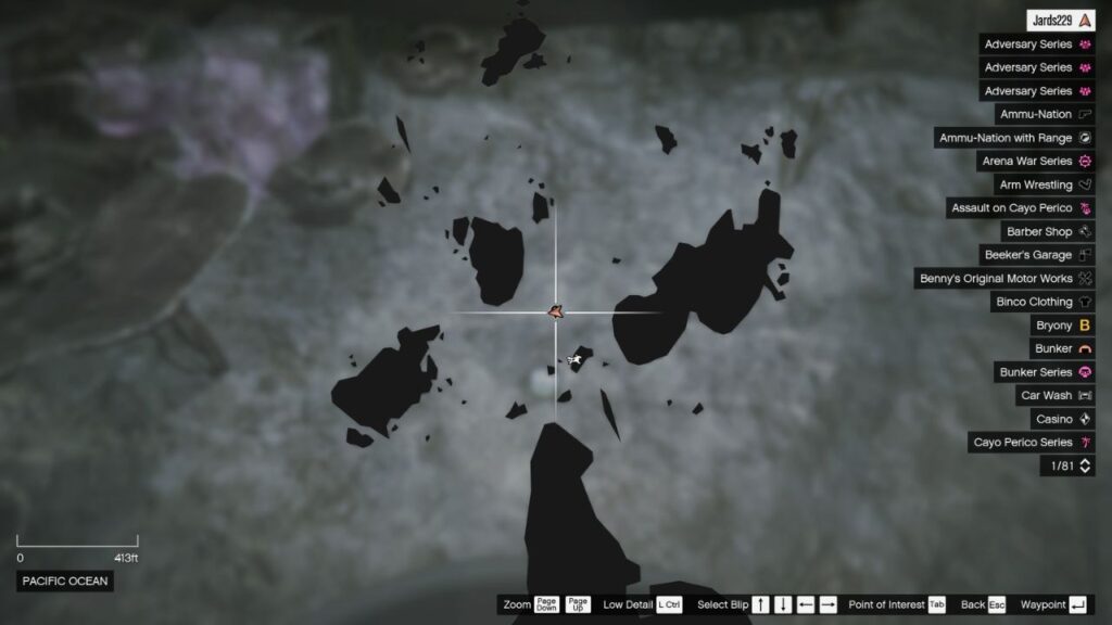 The map in GTA Online featuring the Peyote Plant's location in underwater Paleto Bay.