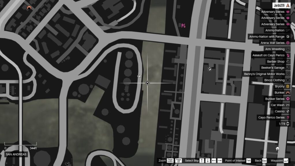 The map in GTA Online featuring the Peyote Plant's location in underwater Cypress Flats.