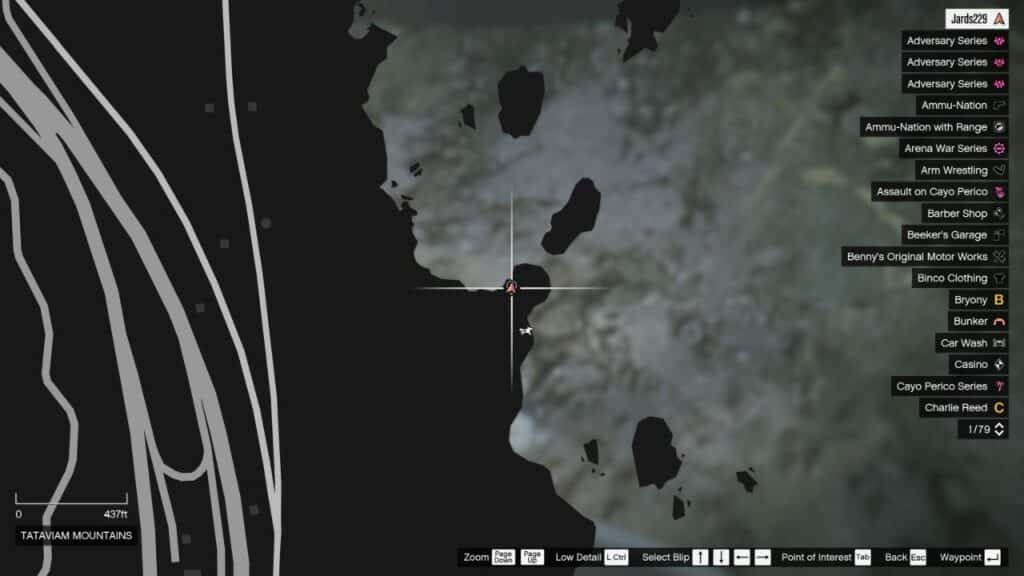 The map in GTA Online featuring the Peyote Plant's location in underwater Tataviam Mountains.