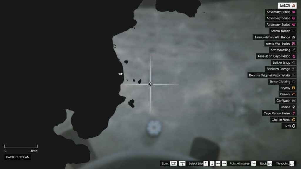 The map in GTA Online featuring the Peyote Plant's location in underwater RON Alternates Wind Farm.