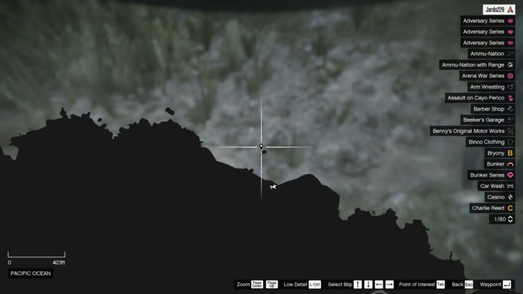 Die Karte in GTA Online mit dem Standort der Peyote Plant im Unterwasserberg Gordo.