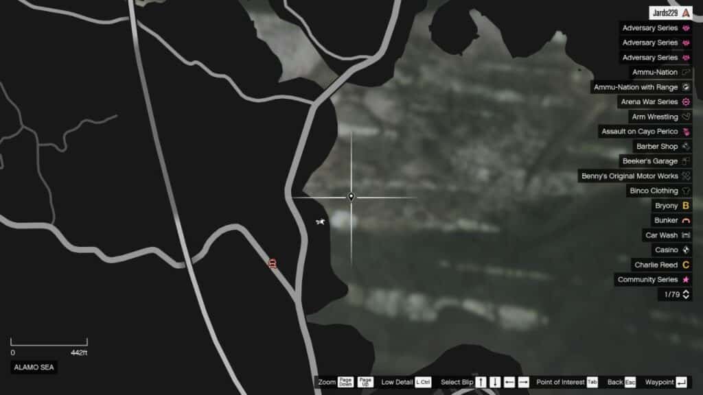 Die Karte in GTA Online mit dem Standort der Peyote Plant in der Underwater Calafia Road.