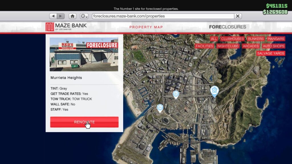 Das In-Game-Interface der Option Maze Bank Foreclosures Renovation für Salvage Yard in GTA Online.