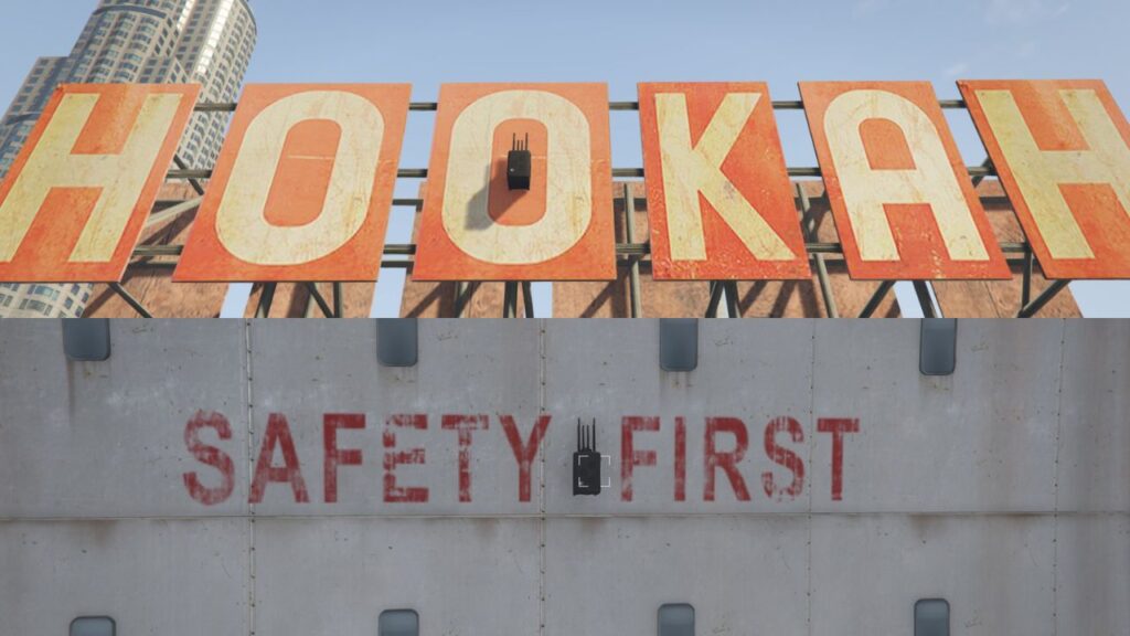 Der Störsender im Hookah Palace und die Safety First Schilder in GTA Online.