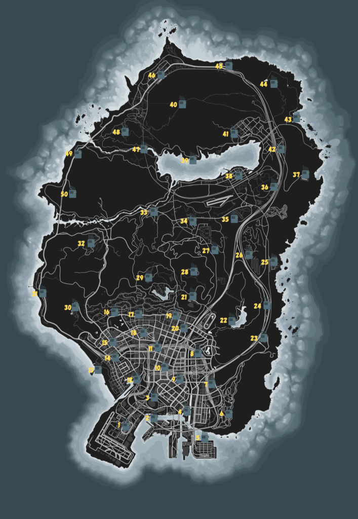 An atlas of GTA V's map with all signal jammers marked.