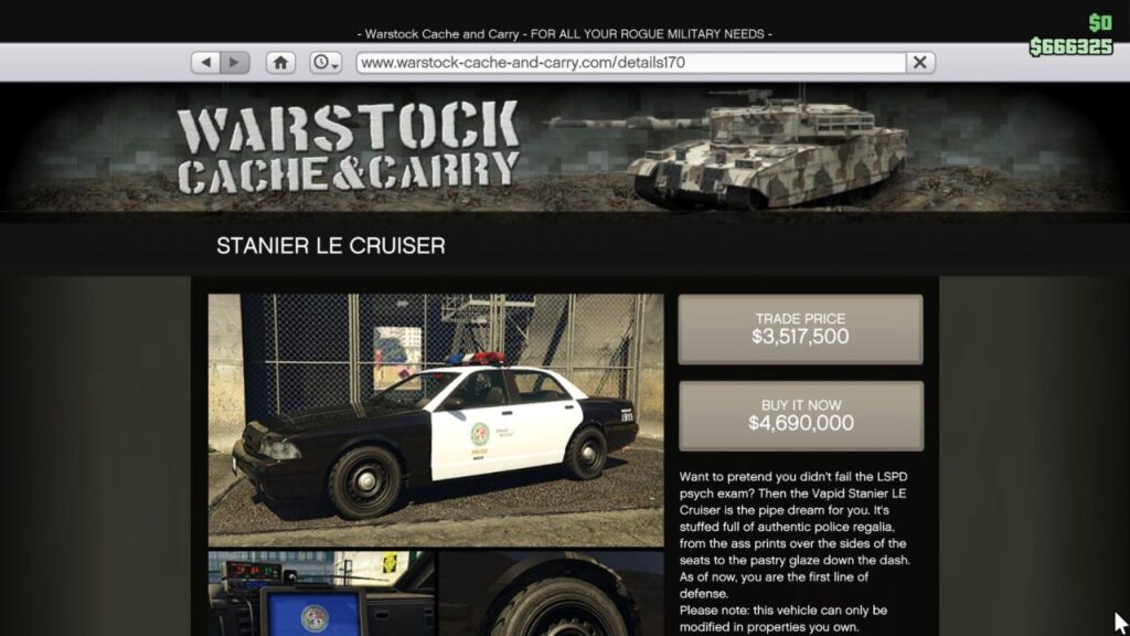Die Warstock Cache & Carry Website in GTA Online mit dem Stanier LE Cruiser Polizeiwagen.