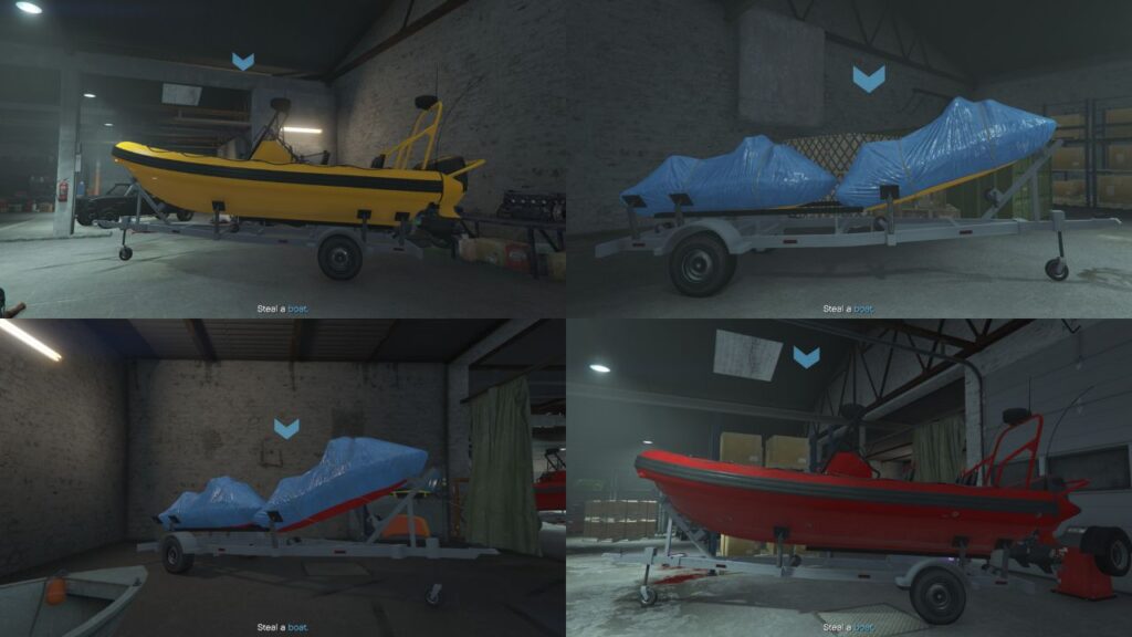 Zwei mit einem blauen Pfeil markierte Beiboote und Seehaie in einem Lagerhaus in GTA Online.