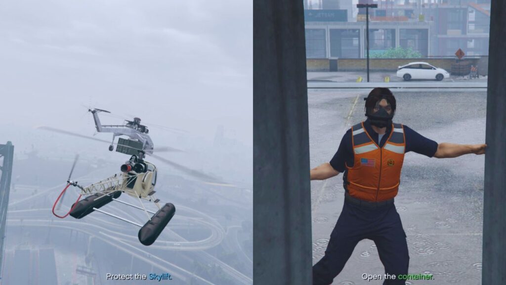 The GTA Online Protagonist flying the Sea Sparrow next to the Skylift and opening the container.