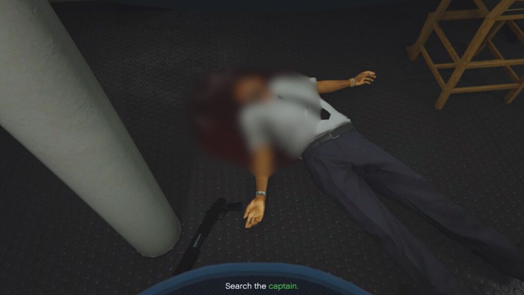 Die erschöpfte Leiche des Schiffskapitäns liegt auf dem Boden neben einer Combat Shotgun.