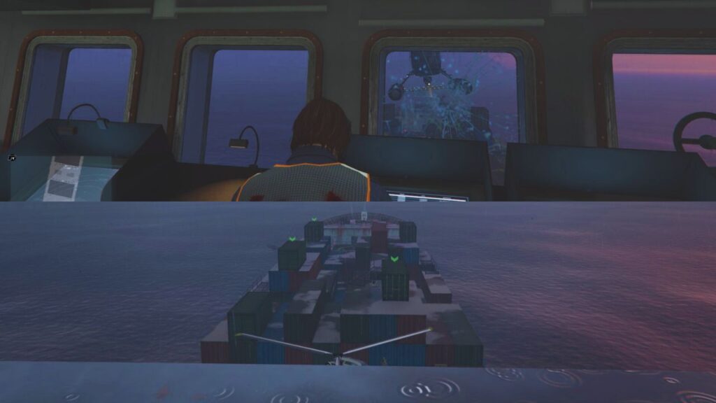 The GTA Online Protagonist using the computer and finding containers overhead.
