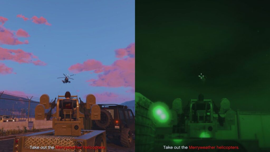 The player using the Anti-Aircraft artillery with an enemy attack helicopter overhead.
