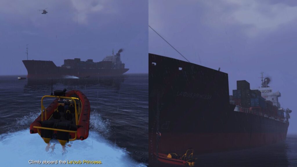 The GTA Online Protagonist riding a Dinghy  at the sea and climbing the La'oub Princess ship in the Cargo Ship Robbery.
