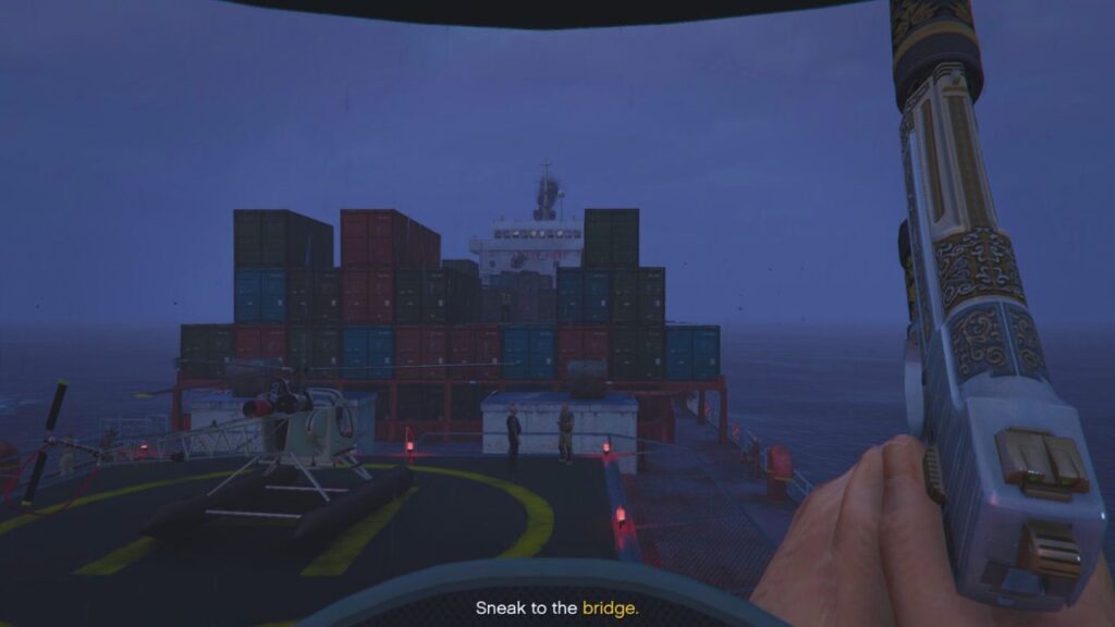 The GTA Online Protagonist firing a suppressed AP Pistol at enemy hostiles while aboard the La'oub Princess ship.