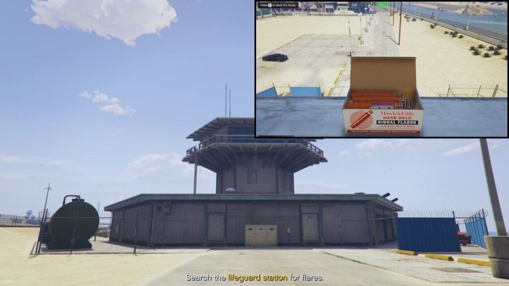 Eine Kiste mit Fackeln oben auf der Rettungsschwimmerstation in der Nähe eines Strandes in GTA Online.