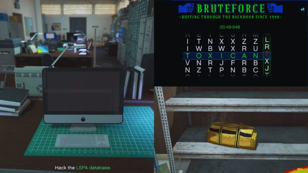 An iFruit computer inside the LSPA office, the BruteForce.exe mini-game, and a yellow dufflebag.