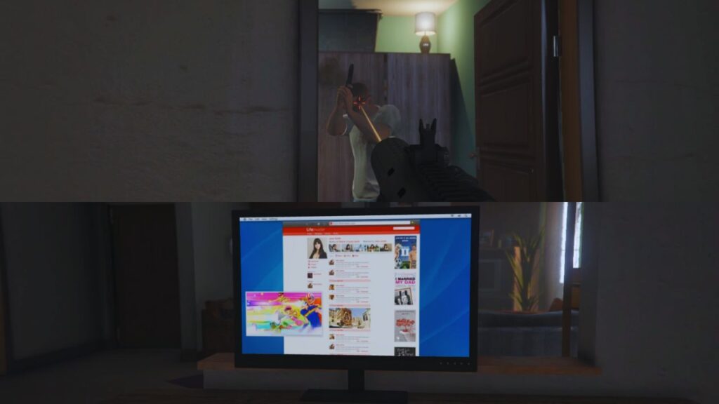 Der GTA Online Protagonist eliminiert einen Feind in einem Hotel und benutzt dabei einen Laptop.