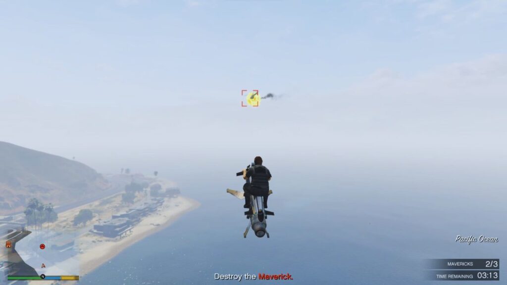 The GTA Online Protagonist destroying a flying Maverick in Banham Canyon Coast.