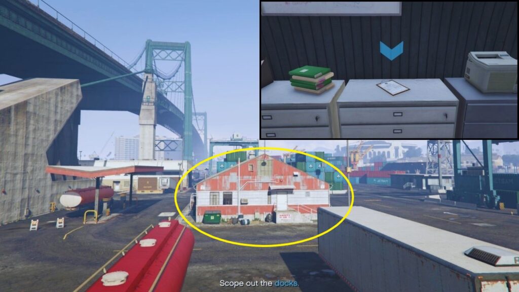 Das Klemmbrett auf einem Schreibtisch und sein Standort auf einer Insel in GTA Online.