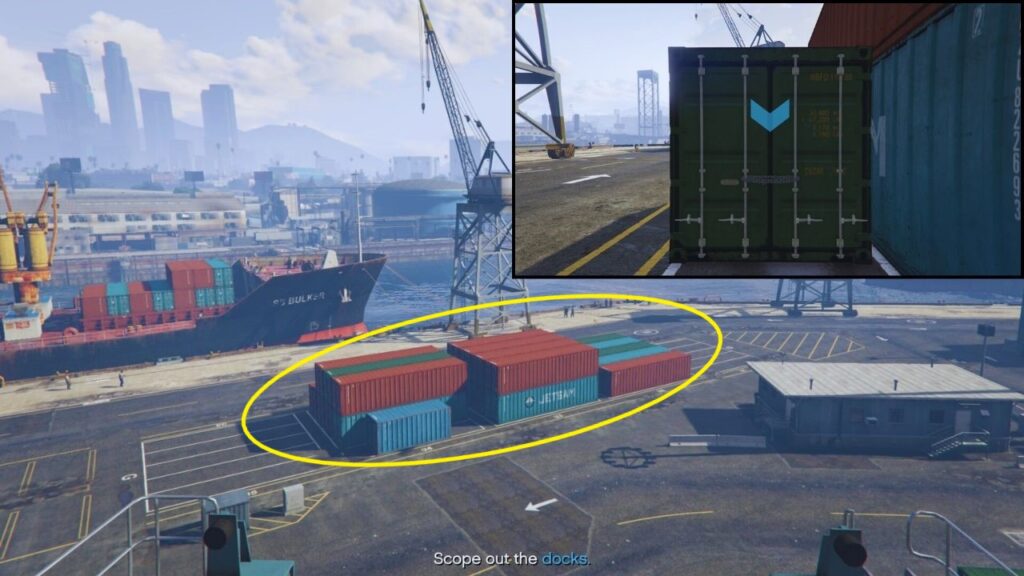 Multiple containers near the La'oub Princess ship in a secluded island in GTA Online.