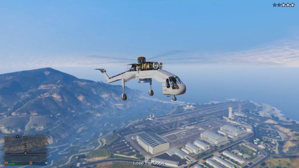 A scenic view of Blaine County with the GTA Online protagonist flying the Skylift.