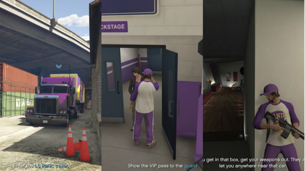 Der in La Puerta gelagerte LS Panic Truck, der GTA Online Protagonist, der einen VIP Pass zeigt, und der Online Protagonist, der die Duggan Crime Family angreift.