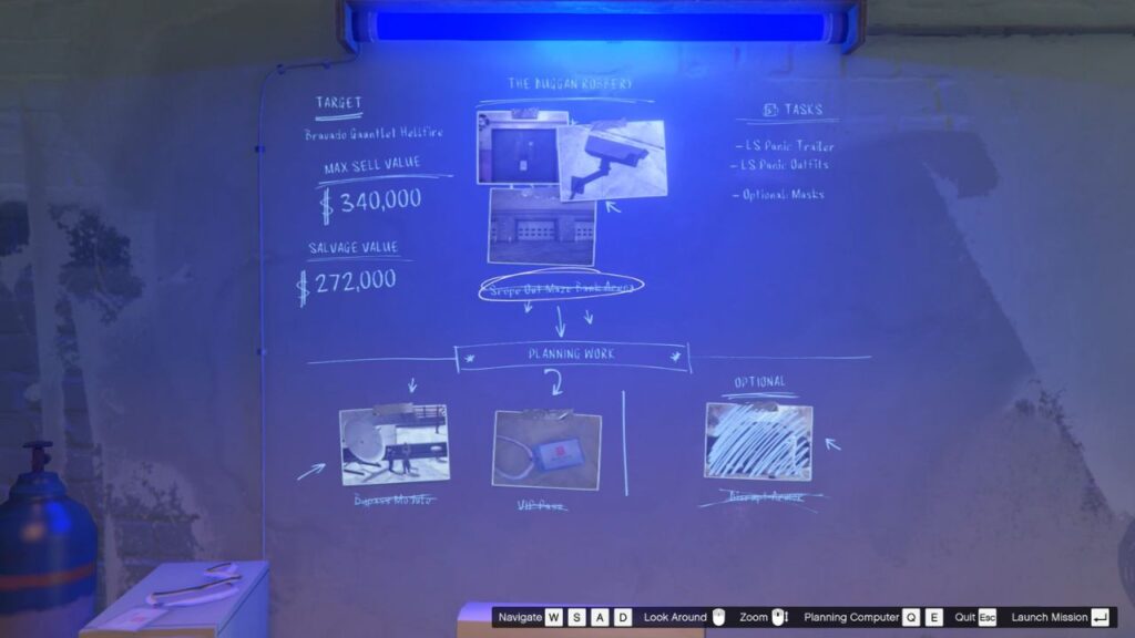 Die Planungswand für den Duggan-Raub in GTA Online, bestehend aus allen Planungsarbeiten mit Fotos und Text.