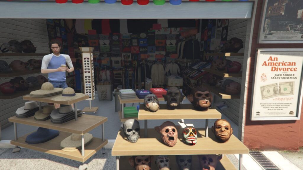 A store clerk selling masks, hats, and various eyewear in GTA Online.