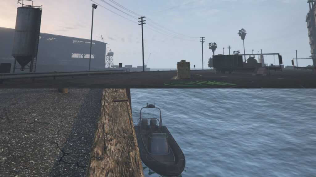 Der Steg neben dem Boot in der Nähe des Merryweather-Hauptquartiers in GTA Online.
