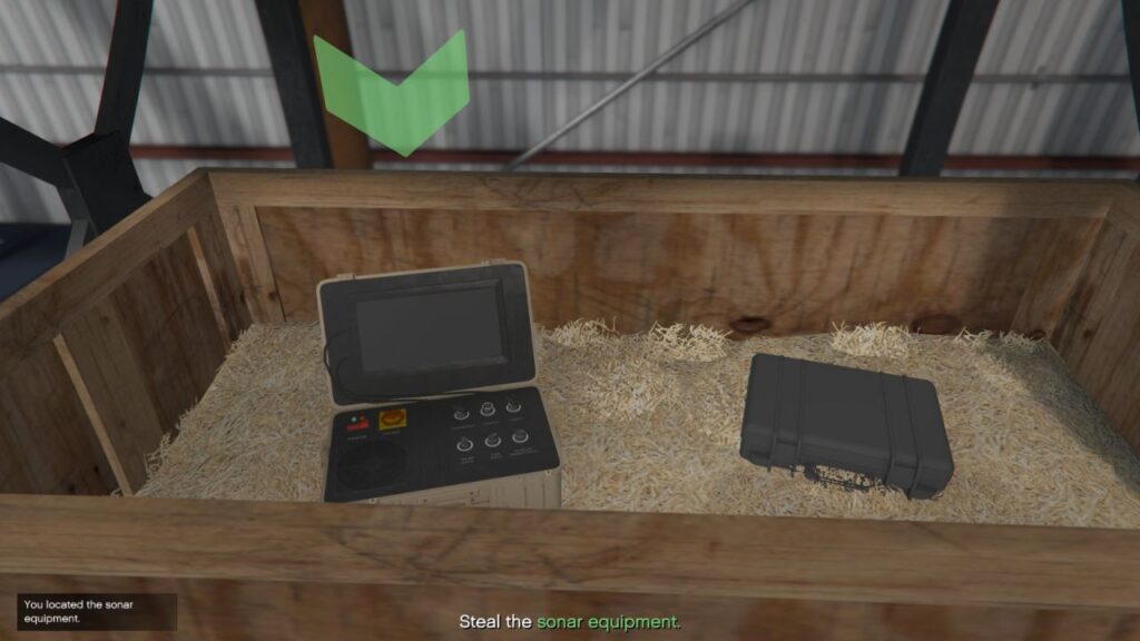 The Sonar Equipment stashed inside a crate with hay bales for the McTony Robbery in GTA Online.