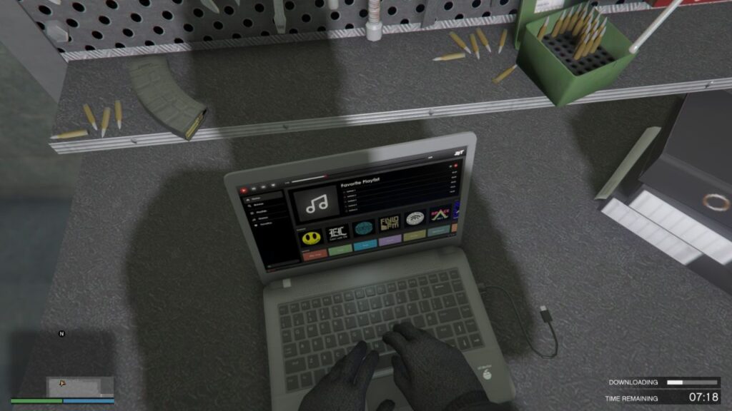 The GTA Online protagonist tinkering with the laptop to find three remaining weapons shipment for the McTony Robbery.