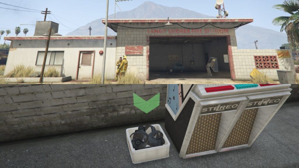 The Sandy Shores Fire Station with nearby firefighters and gas masks inside.
