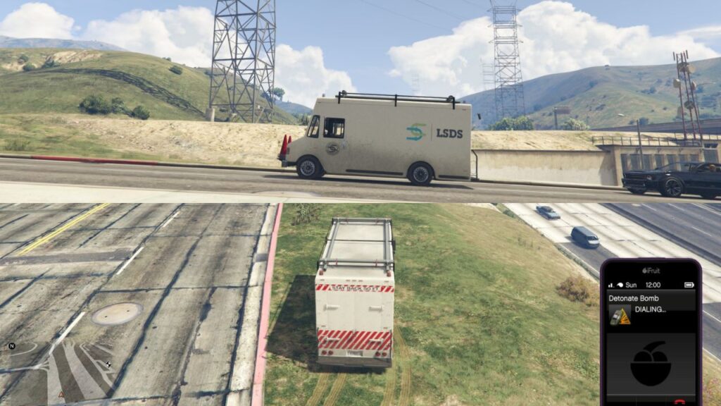 The LSDS Boxville traveling the streets of Santos and the GTA Online protagonist detonating a bomb with a phone.