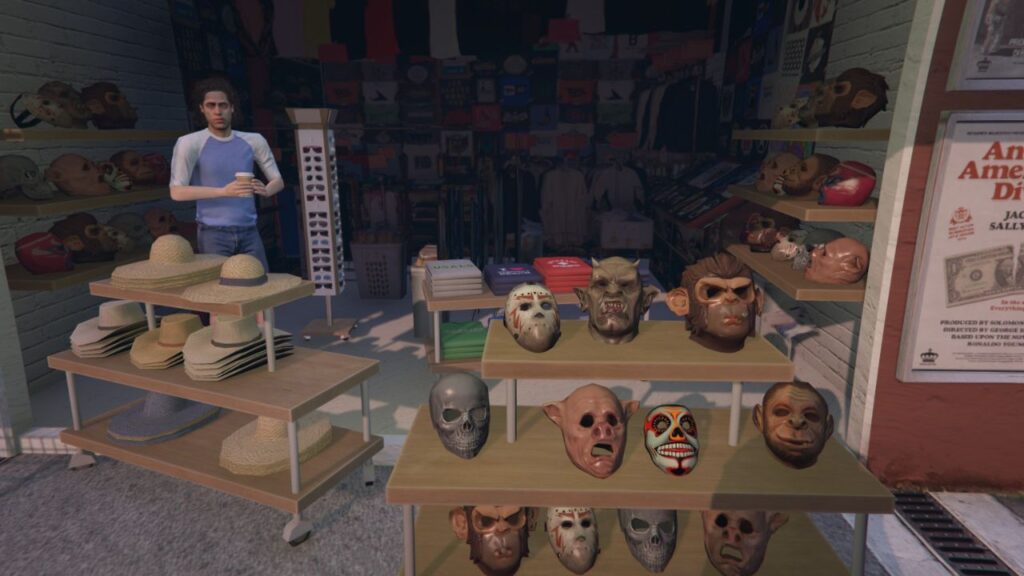 The Vespucci Mask Shop with different masks and hats.