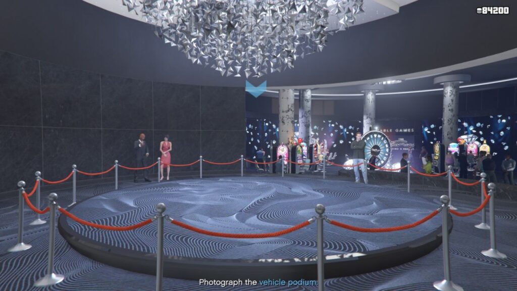 The GTA Online protagonist in front of the Podium inside the Diamond Casino & Resort.