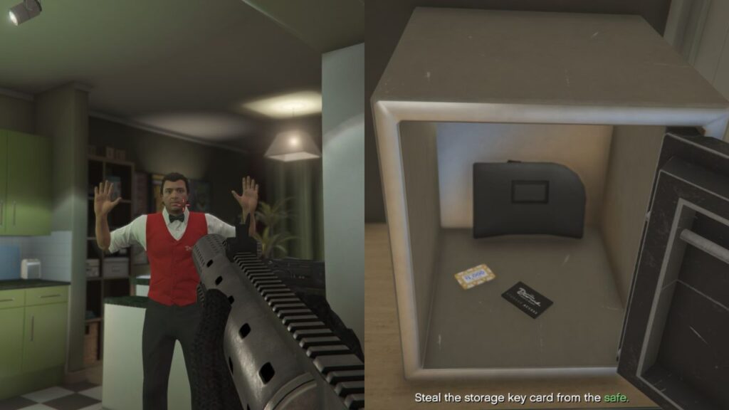 Felipe the valet raising his hands inside his house and a safe with the Diamond Casino & Resort Storage Key Card nearby..