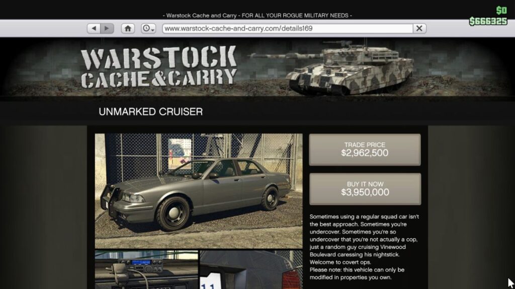 Die Warstock Cache & Camp; Carry Website in GTA Online mit dem Unmarked Cruiser Polizeiwagen.