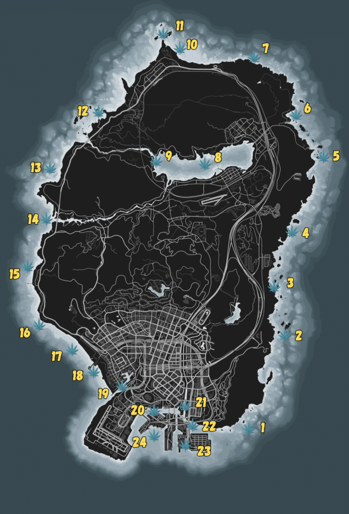 Die Karte von Los Santos und Blaine County mit allen Wasser-Peyote-Pflanzen in GTA Online.