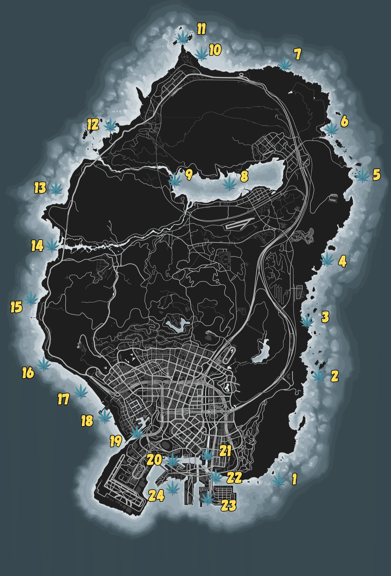 The map of Los Santos and Blaine County showing all water Peyote Plants in GTA Online.